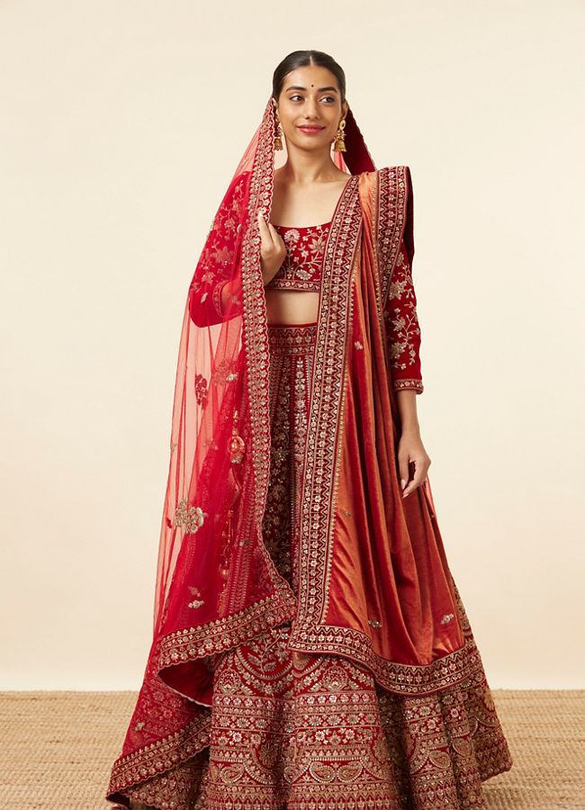 Berry Red Embroidered Bridal Lehenga image number 0