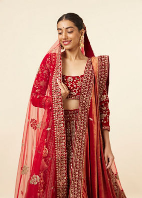 alt message - Mohey Women Berry Red Embroidered Bridal Lehenga image number 1