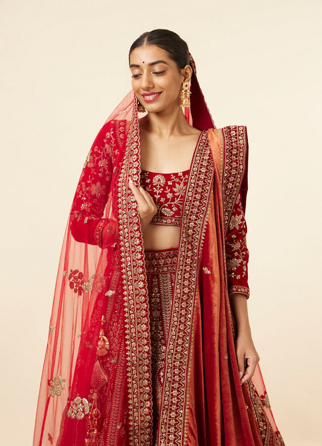 Berry Red Embroidered Bridal Lehenga image number 1