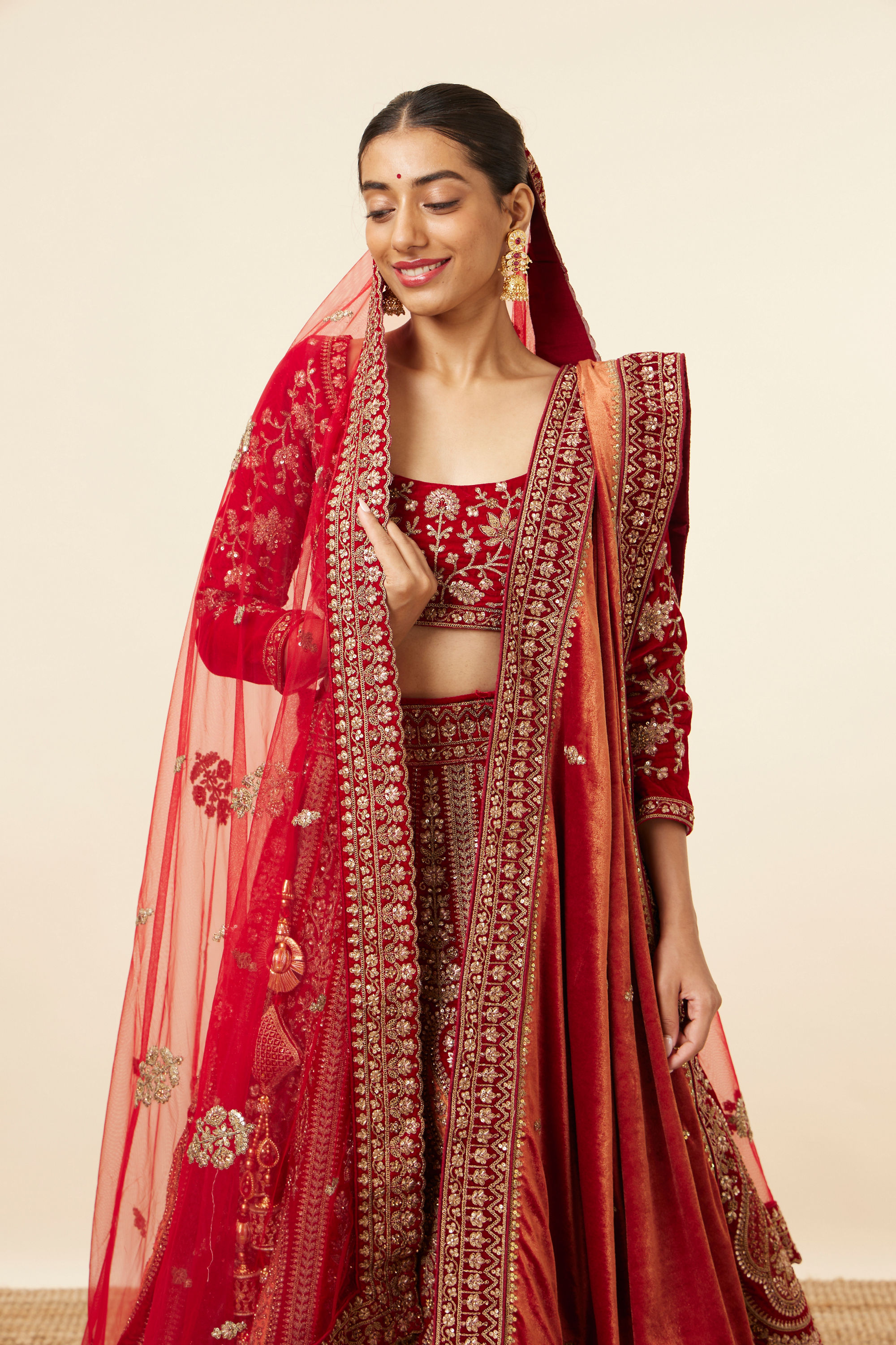 Mohey Women Berry Red Embroidered Bridal Lehenga