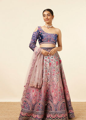 Rosewater Pink - Midnight Sapphire Blue Paisley Patterned Lahenga image number 0