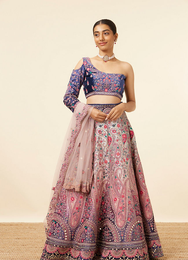Mohey Women Rosewater Pink Midnight Sapphire Blue Paisley Patterned Lahenga