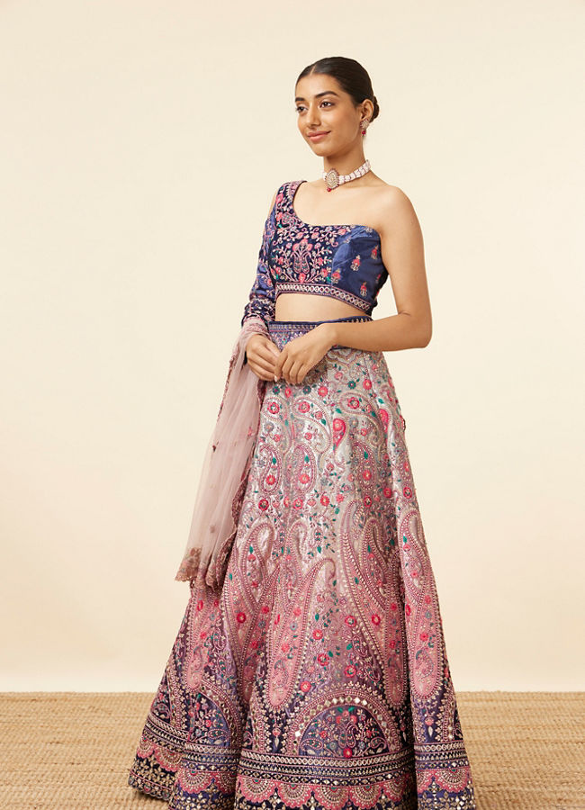 Rosewater Pink - Midnight Sapphire Blue Paisley Patterned Lahenga image number 2