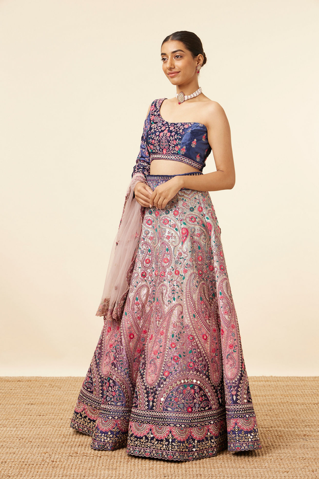 Rosewater Pink - Midnight Sapphire Blue Paisley Patterned Lahenga image number 2