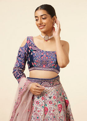 Rosewater Pink - Midnight Sapphire Blue Paisley Patterned Lahenga image number 1