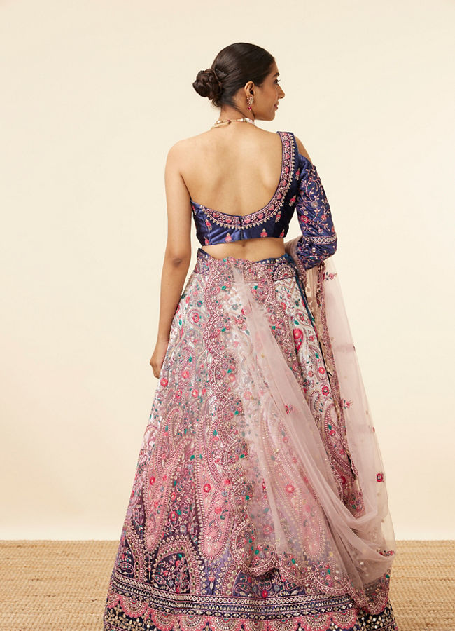 Rosewater Pink - Midnight Sapphire Blue Paisley Patterned Lahenga image number 3