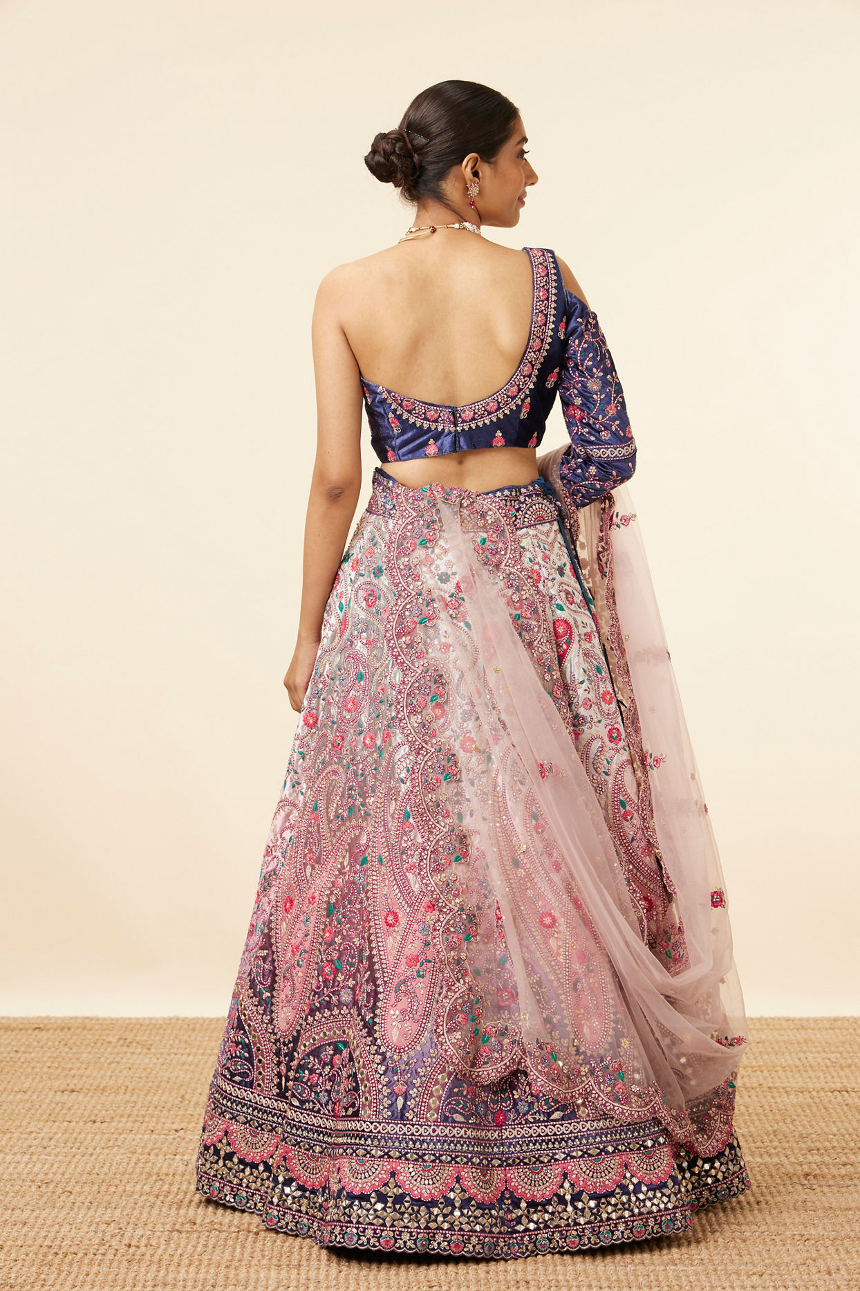 Rosewater Pink - Midnight Sapphire Blue Paisley Patterned Lahenga image number 3