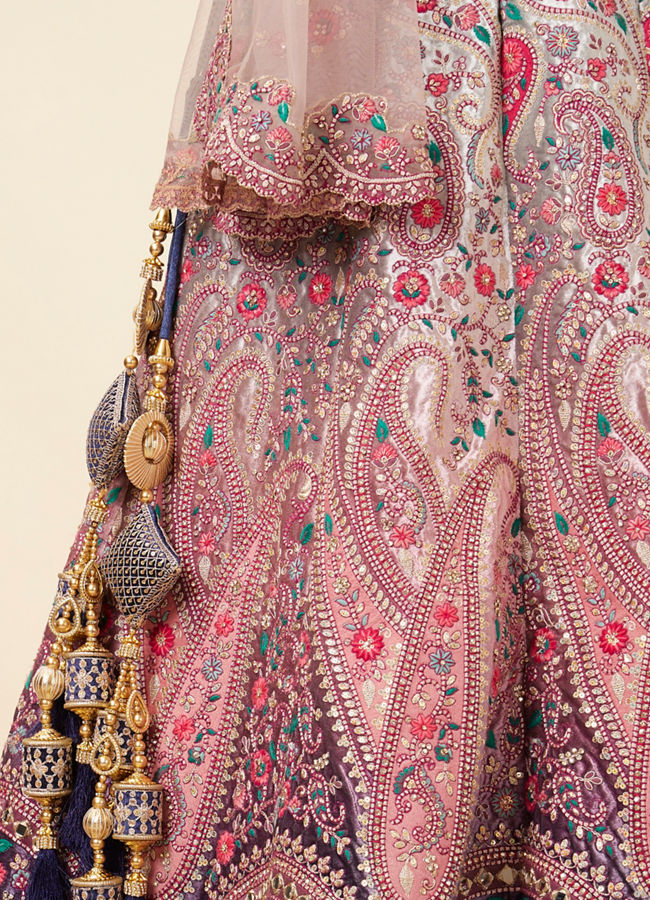 Rosewater Pink - Midnight Sapphire Blue Paisley Patterned Lahenga image number 4