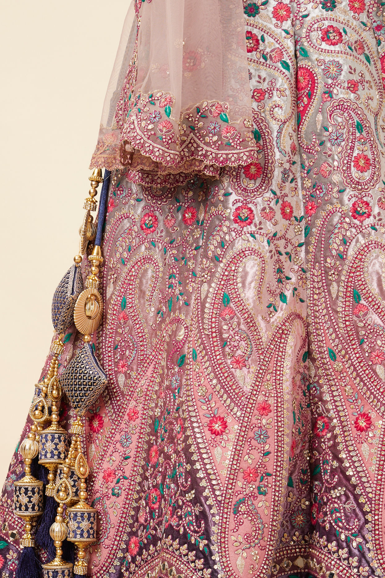 Rosewater Pink - Midnight Sapphire Blue Paisley Patterned Lahenga image number 4