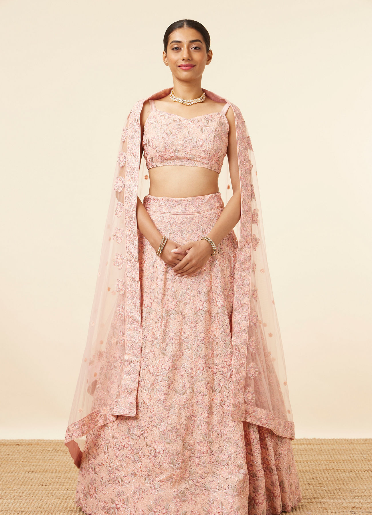 Mohey Women Light Pink Grey Embroidered Lehenga