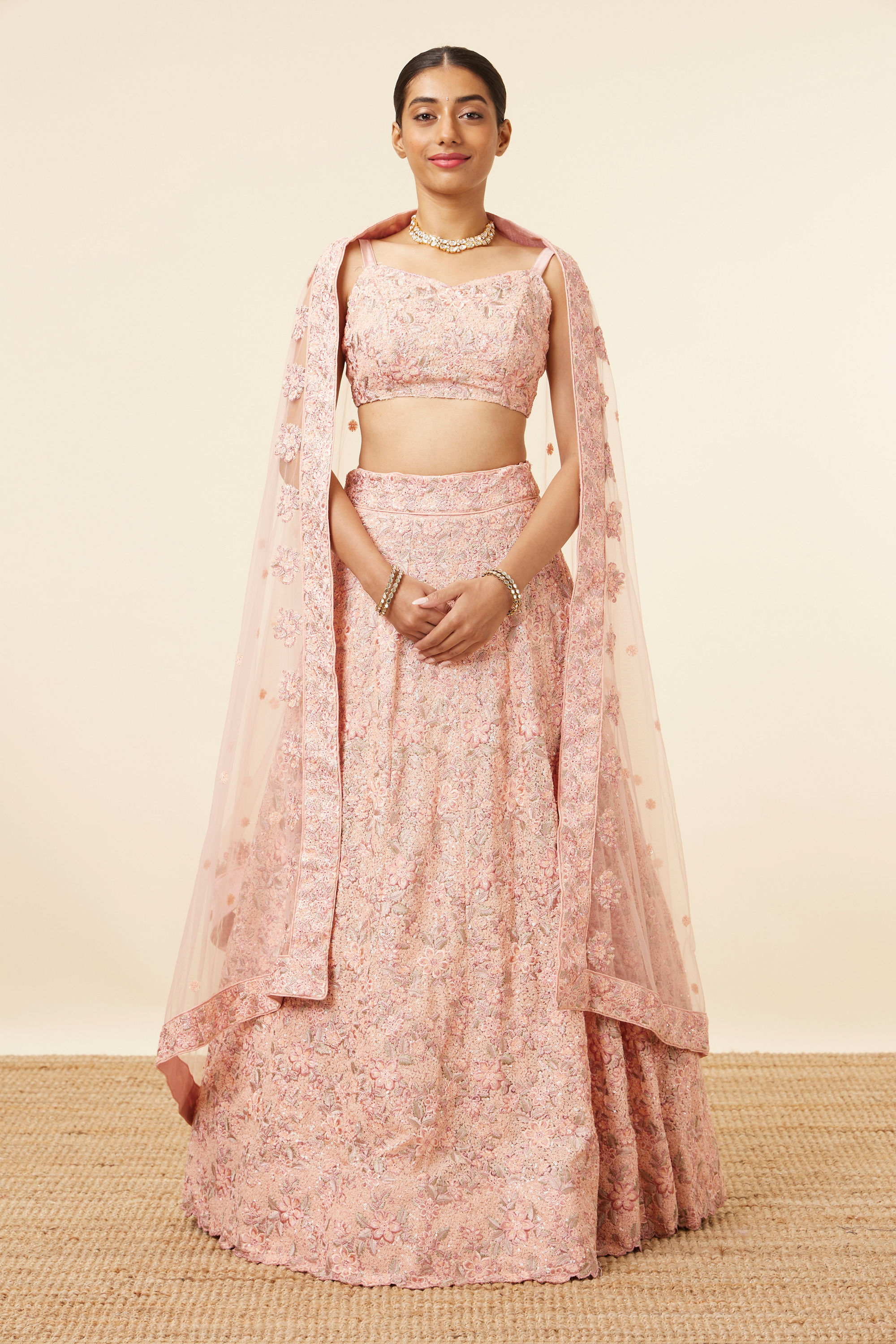 Mohey Women Light Pink Grey Embroidered Lehenga