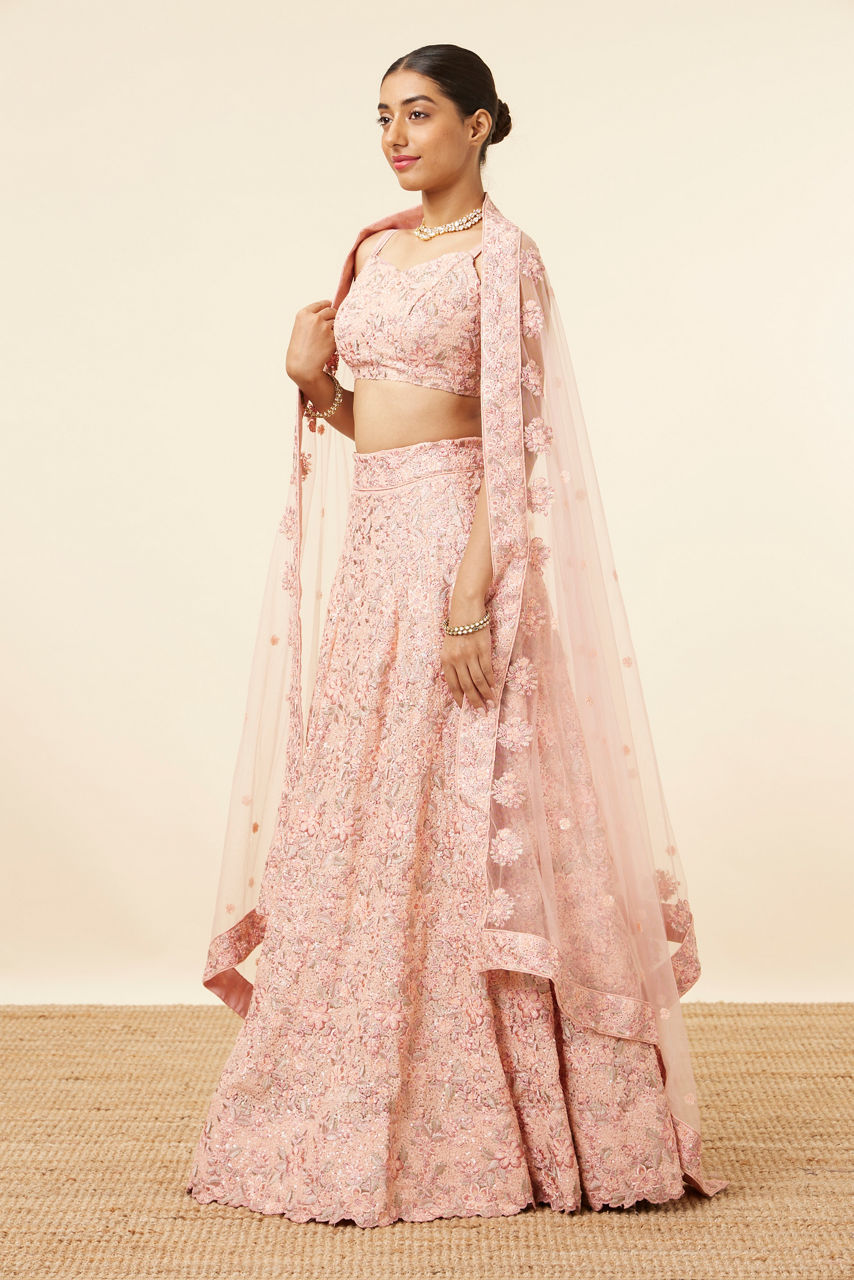 Mohey Women Light Pink Grey Embroidered Lehenga