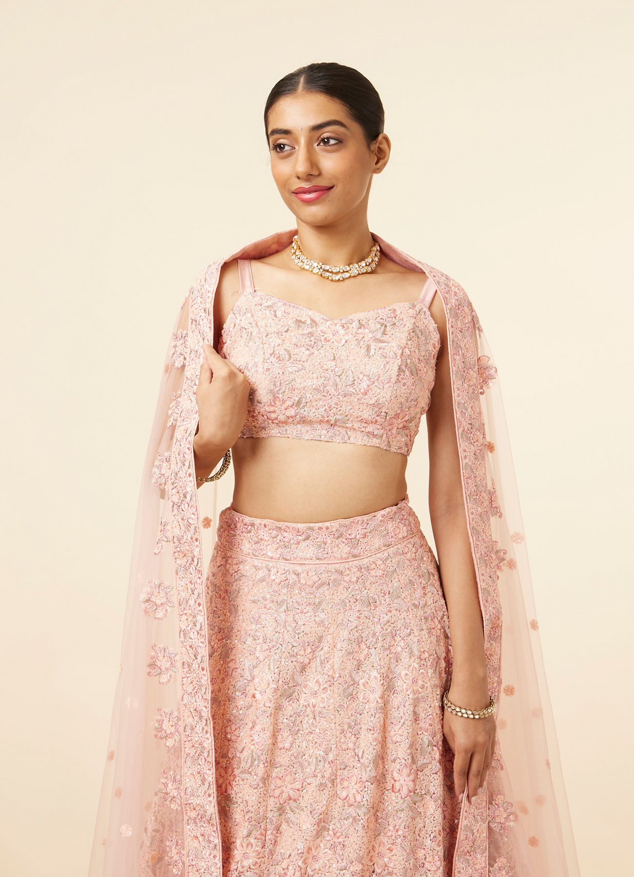 Mohey Women Light Pink Grey Embroidered Lehenga