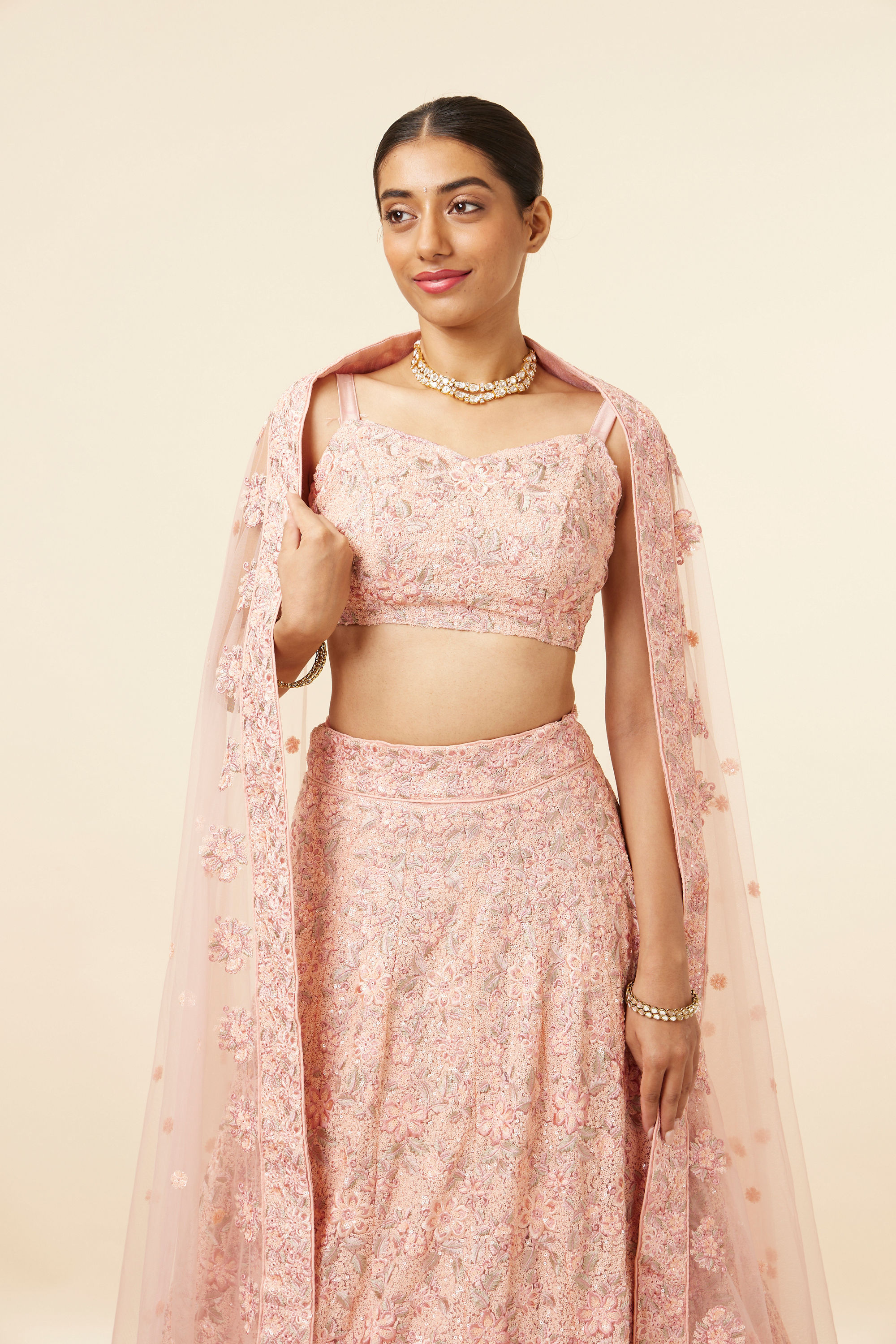 Mohey Women Light Pink Grey Embroidered Lehenga