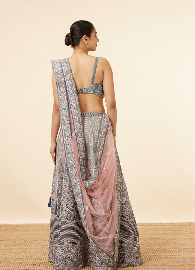 Mohey Women Grey Teal Blue Embellished Bridal Lehenga