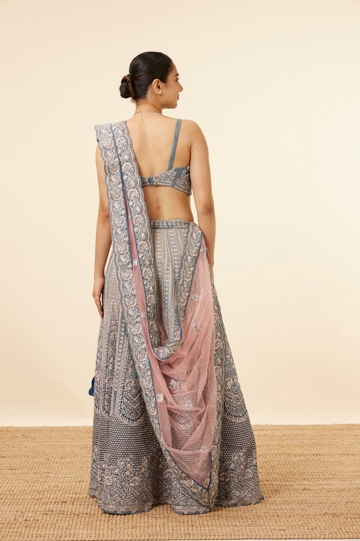 Grey Teal Blue Embellished Lehenga image number 3