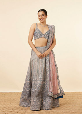 Mohey Women Grey Teal Blue Embellished Bridal Lehenga