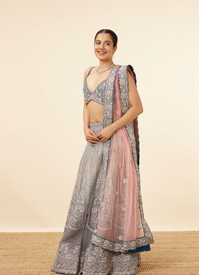 Mohey Women Grey Teal Blue Embellished Bridal Lehenga
