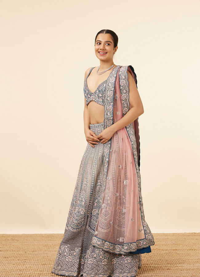 Grey Teal Blue Embellished Lehenga image number 2