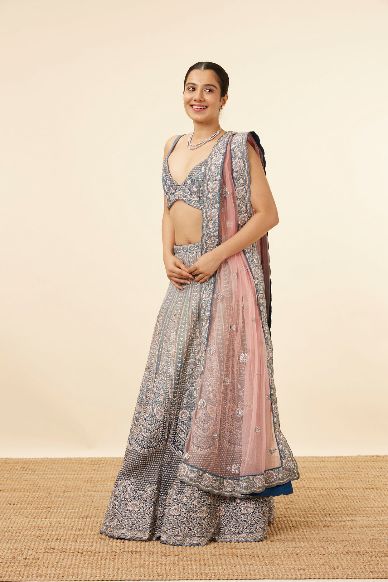 Mohey Women Grey Teal Blue Embellished Bridal Lehenga