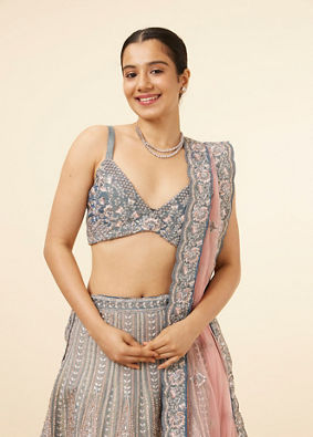 Mohey Women Grey Teal Blue Embellished Bridal Lehenga