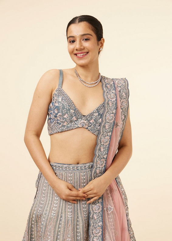 Mohey Women Grey Teal Blue Embellished Bridal Lehenga