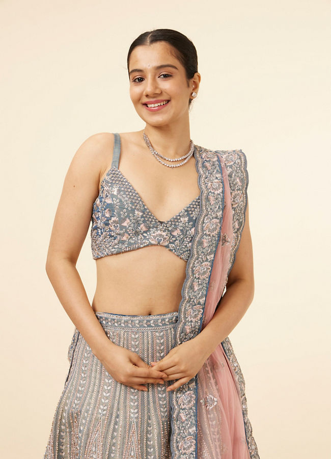 Mohey Women Grey Teal Blue Embellished Bridal Lehenga