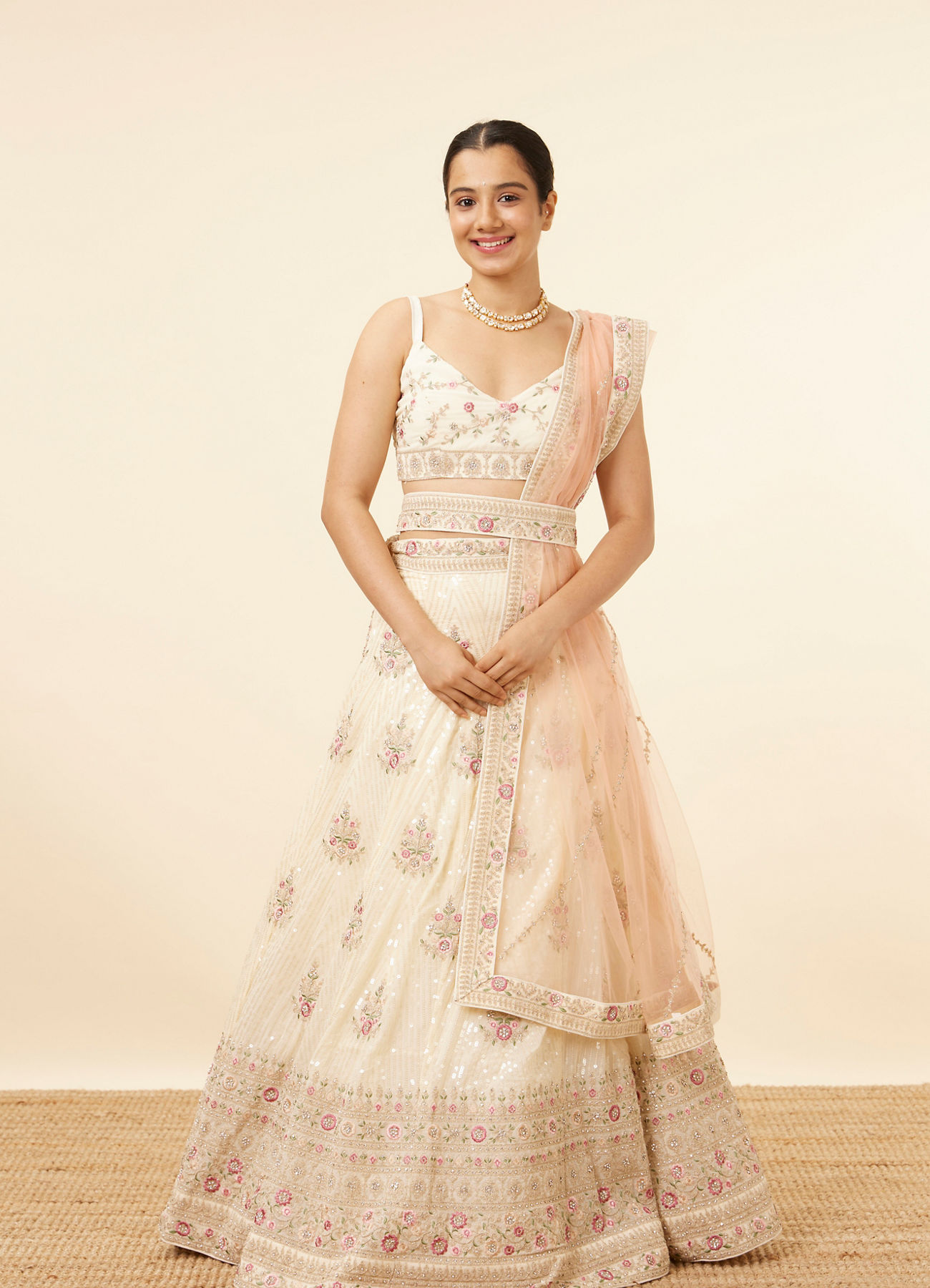Mohey Women Enchanting Cream Floral Embroidered Lehenga