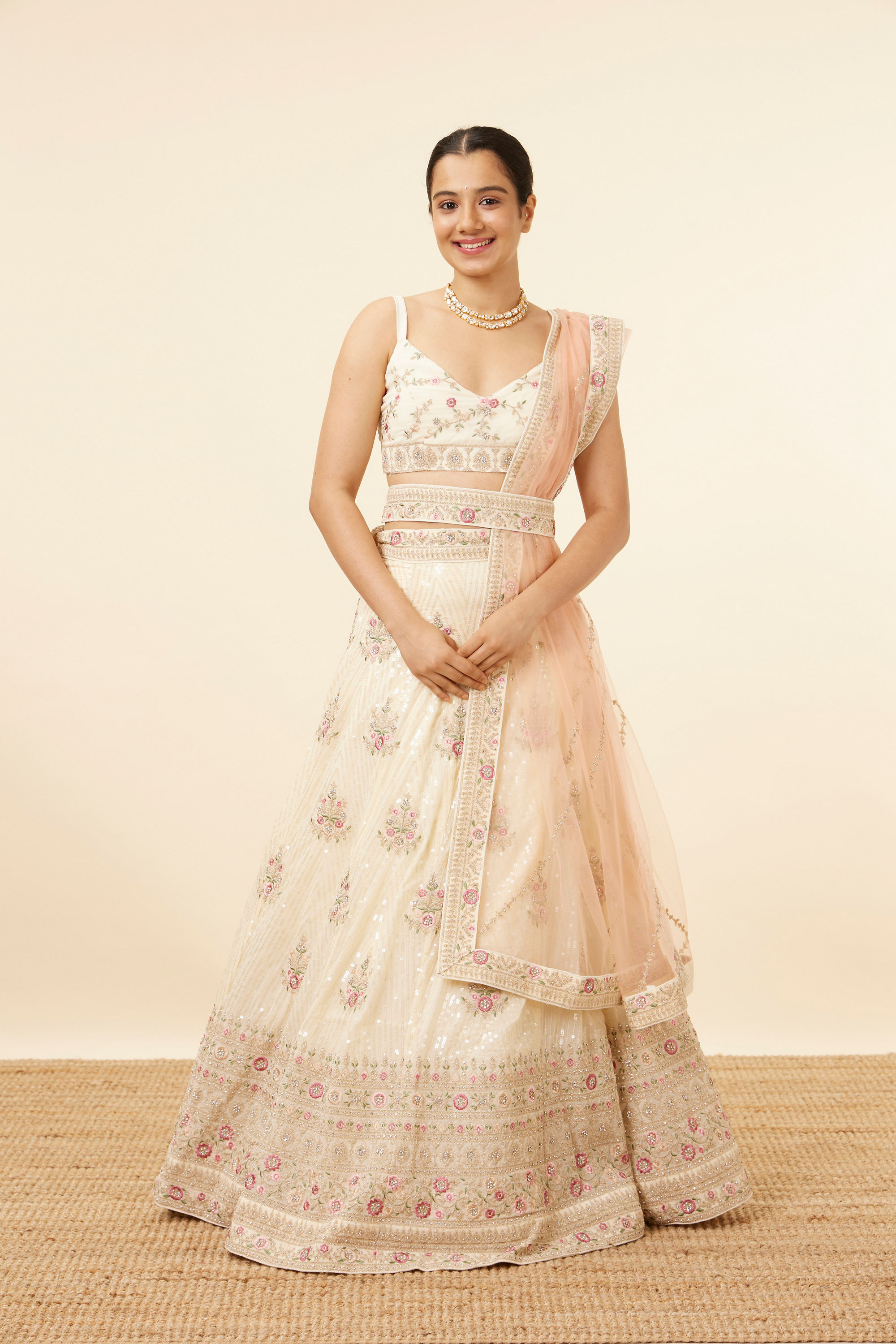 Mohey Women Enchanting Cream Floral Embroidered Lehenga