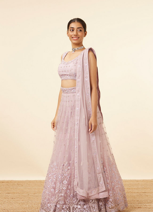 alt message - Mohey Women Purple Net Embellished Lehenga image number 2