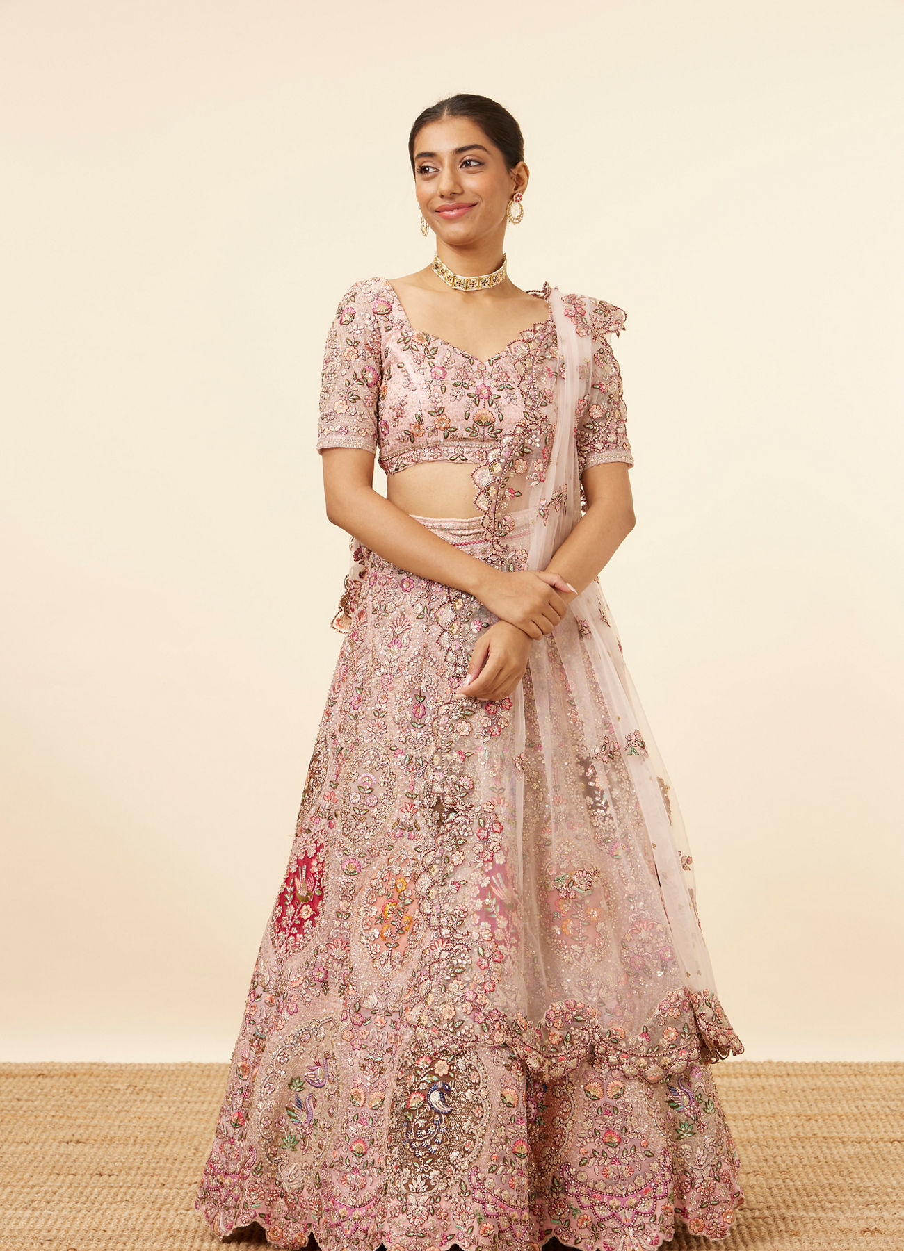 Mohey Women Light Pink Embroidered Pastel Bridal Lehenga