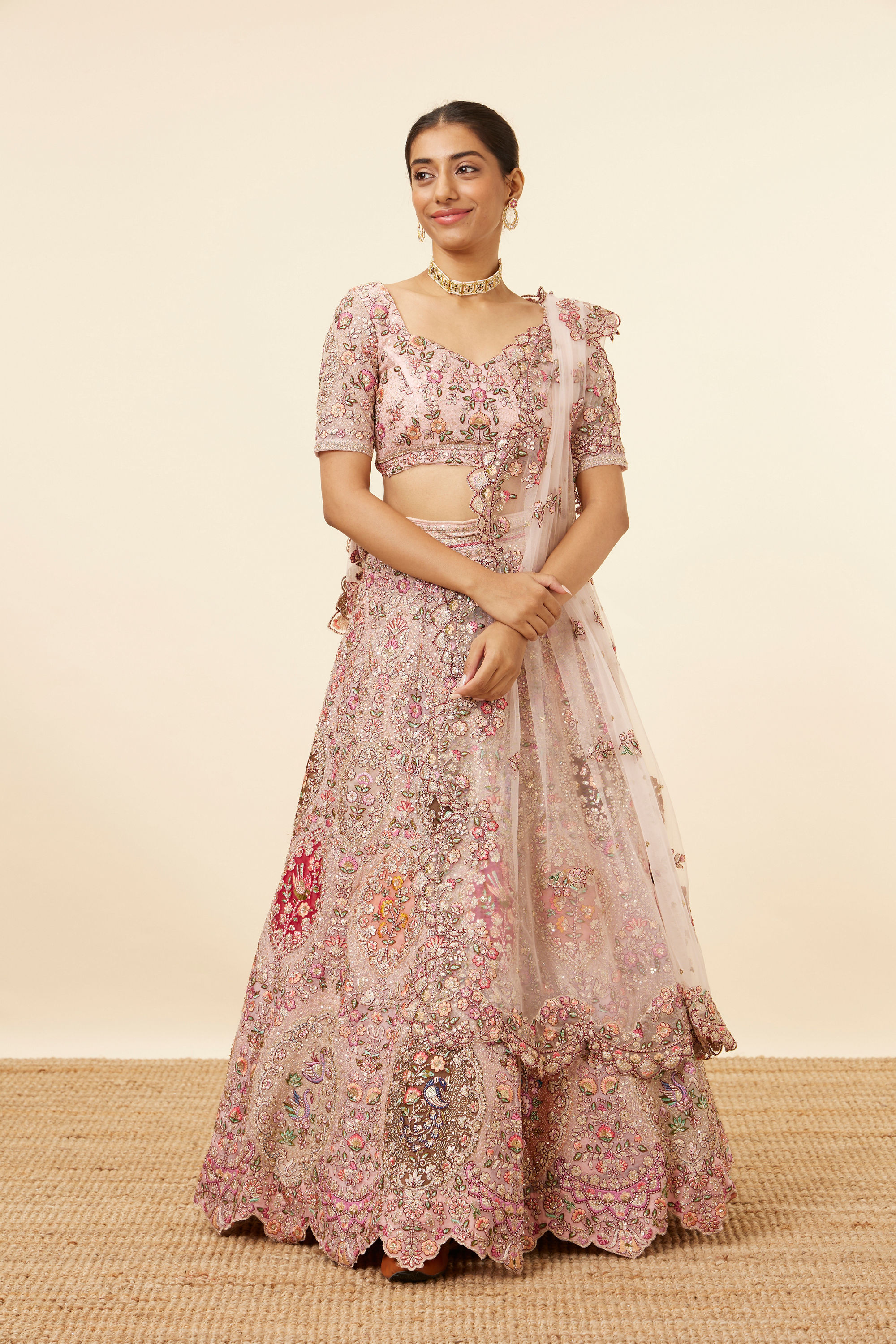 Mohey Women Light Pink Embroidered Pastel Bridal Lehenga