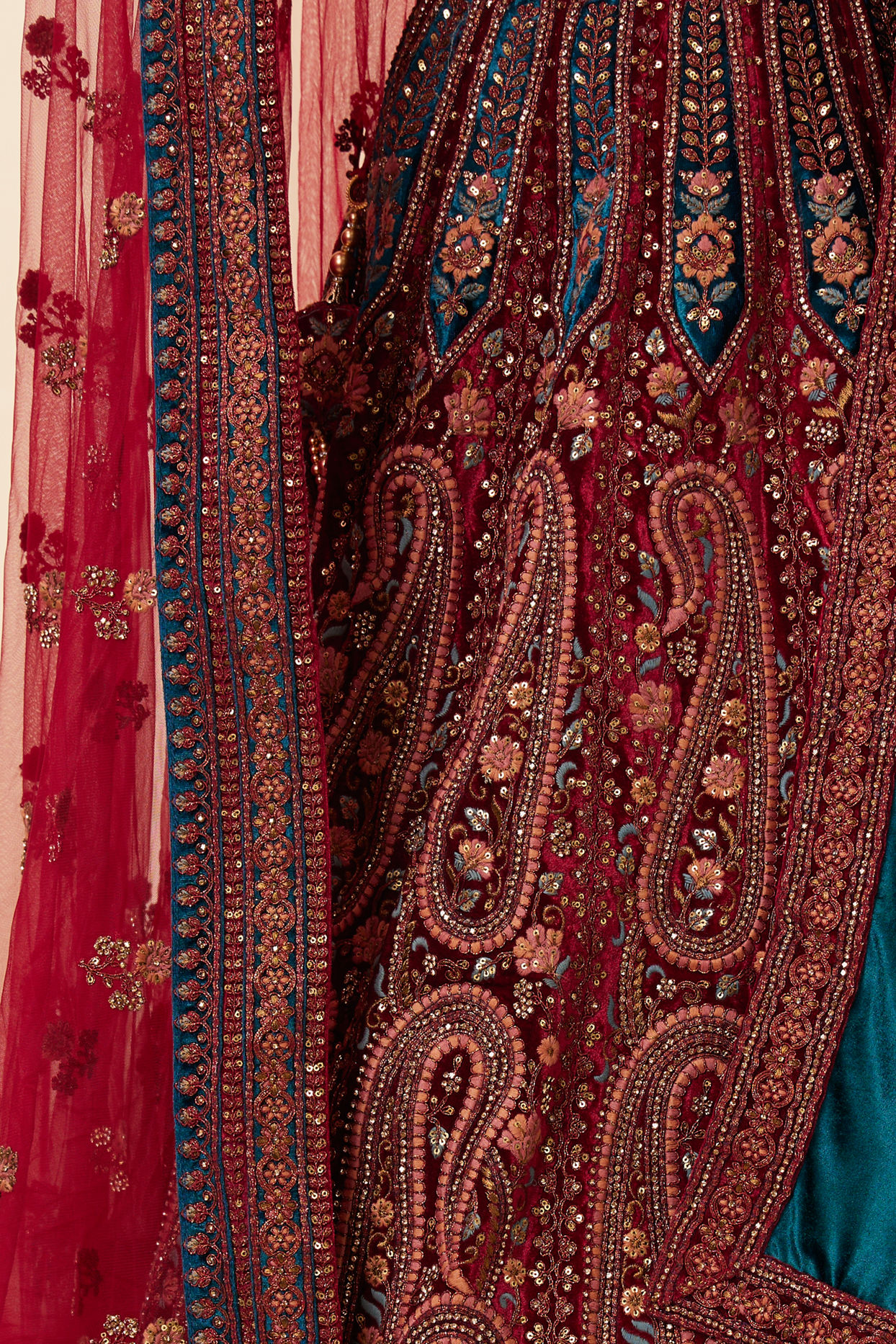 Buy Berry Red Floral Patterned Bridal Lehenga Online in the UK @Mohey -  Lehenga for Women