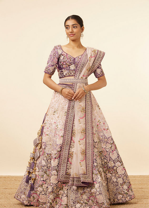 Mohey Women Light Pink Purple Embroidered Bridal Lehenga