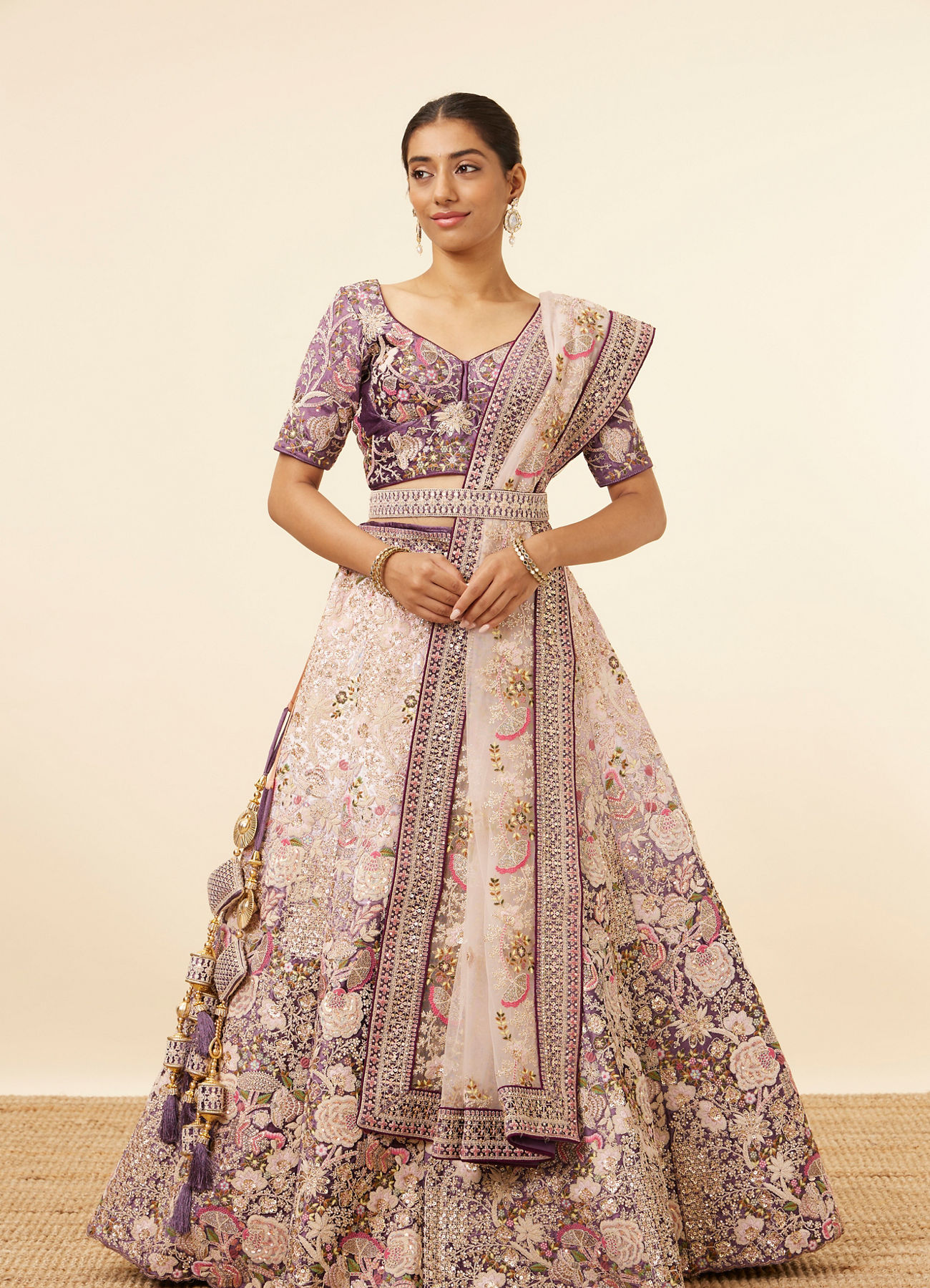 Mohey Women Light Pink Purple Embroidered Bridal Lehenga