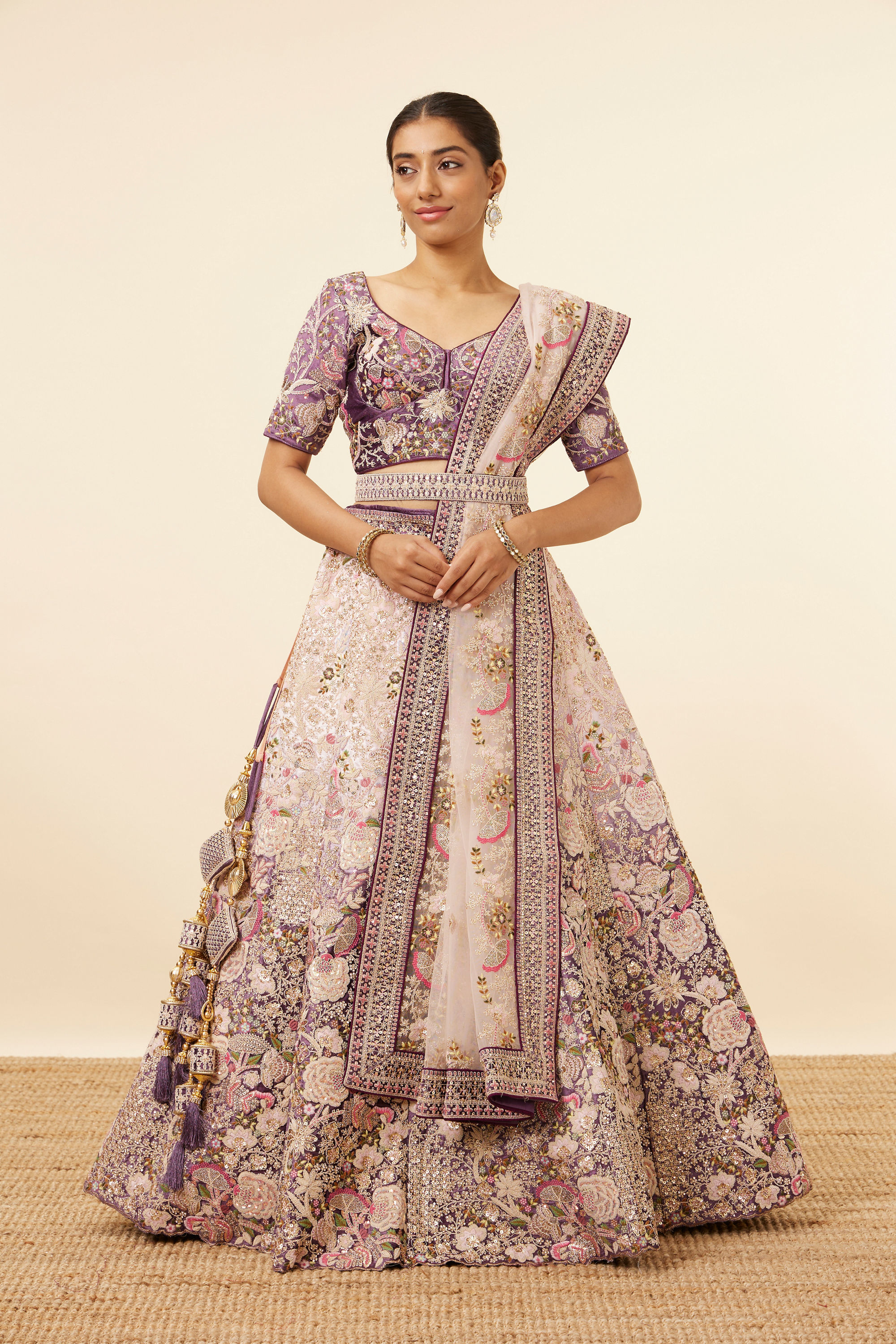 Mohey Women Light Pink Purple Embroidered Bridal Lehenga