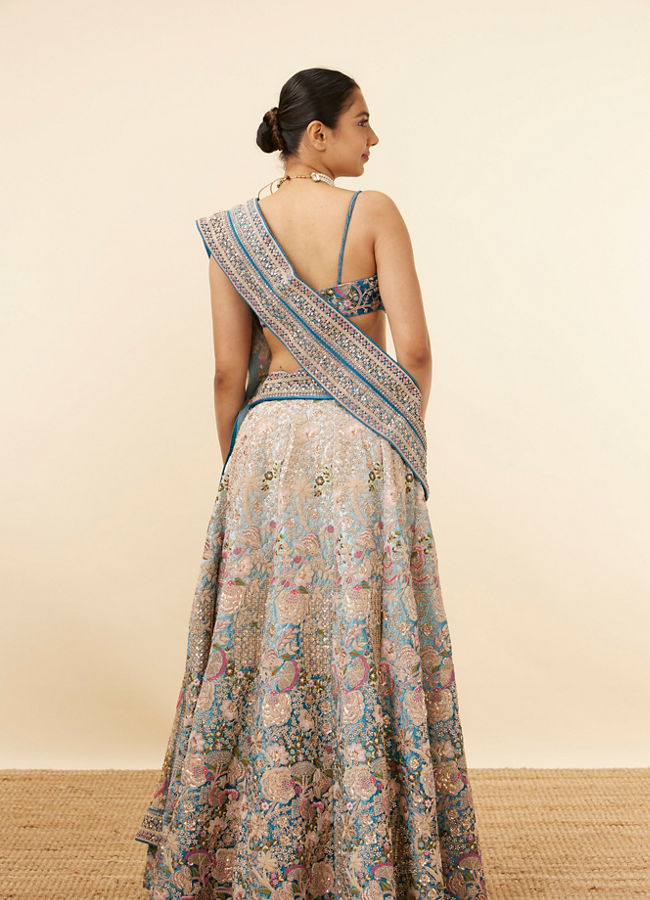 Light Blue Velvet Embroidered Lehenga image number 4