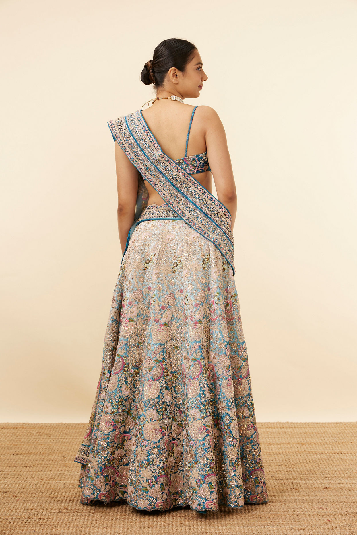 Light Blue Velvet Embroidered Lehenga image number 4