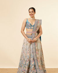 Mohey Women Light Blue Velvet Embroidered Bridal Lehenga