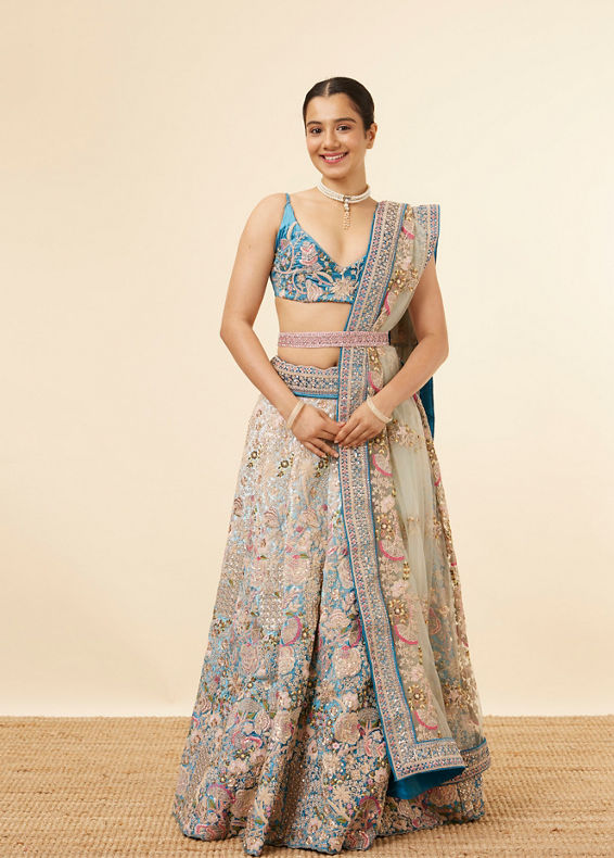 Mohey Women Light Blue Velvet Embroidered Bridal Lehenga