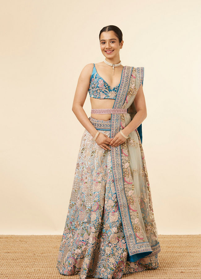 Light Blue Velvet Embroidered Lehenga image number 0