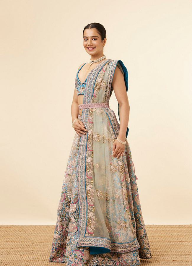 Light Blue Velvet Embroidered Lehenga image number 2