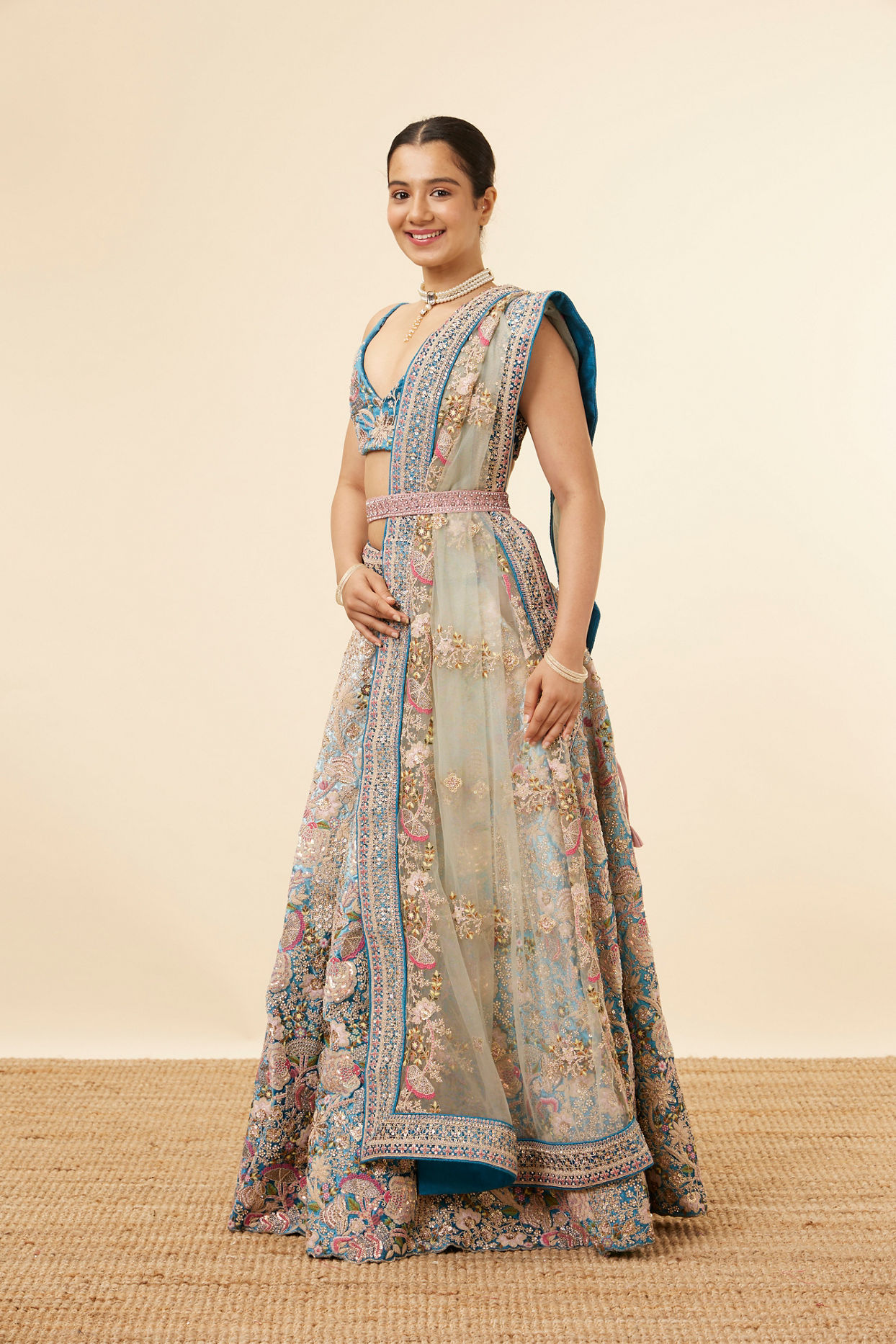 Light Blue Velvet Embroidered Lehenga image number 2