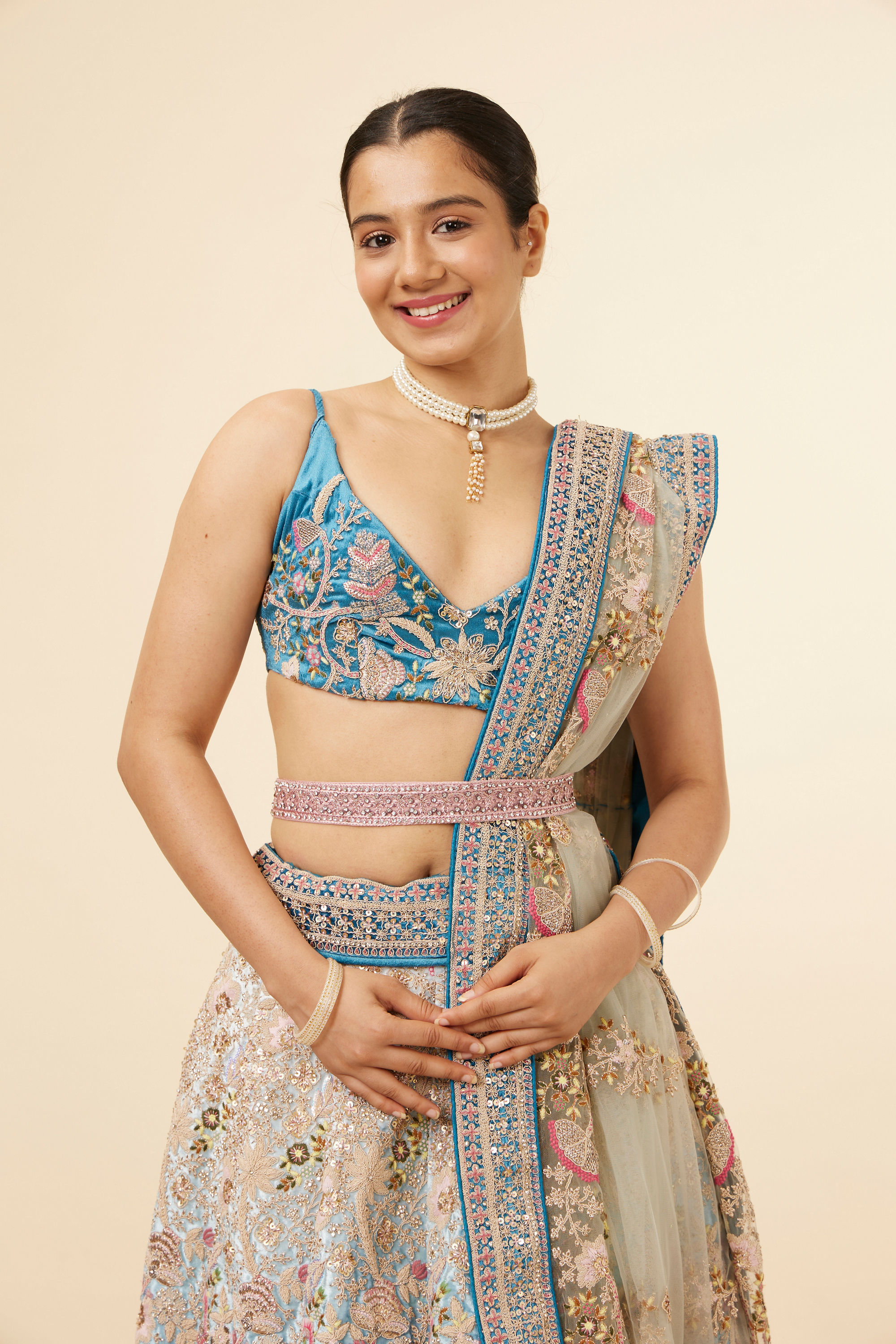 Mohey Women Light Blue Velvet Embroidered Bridal Lehenga