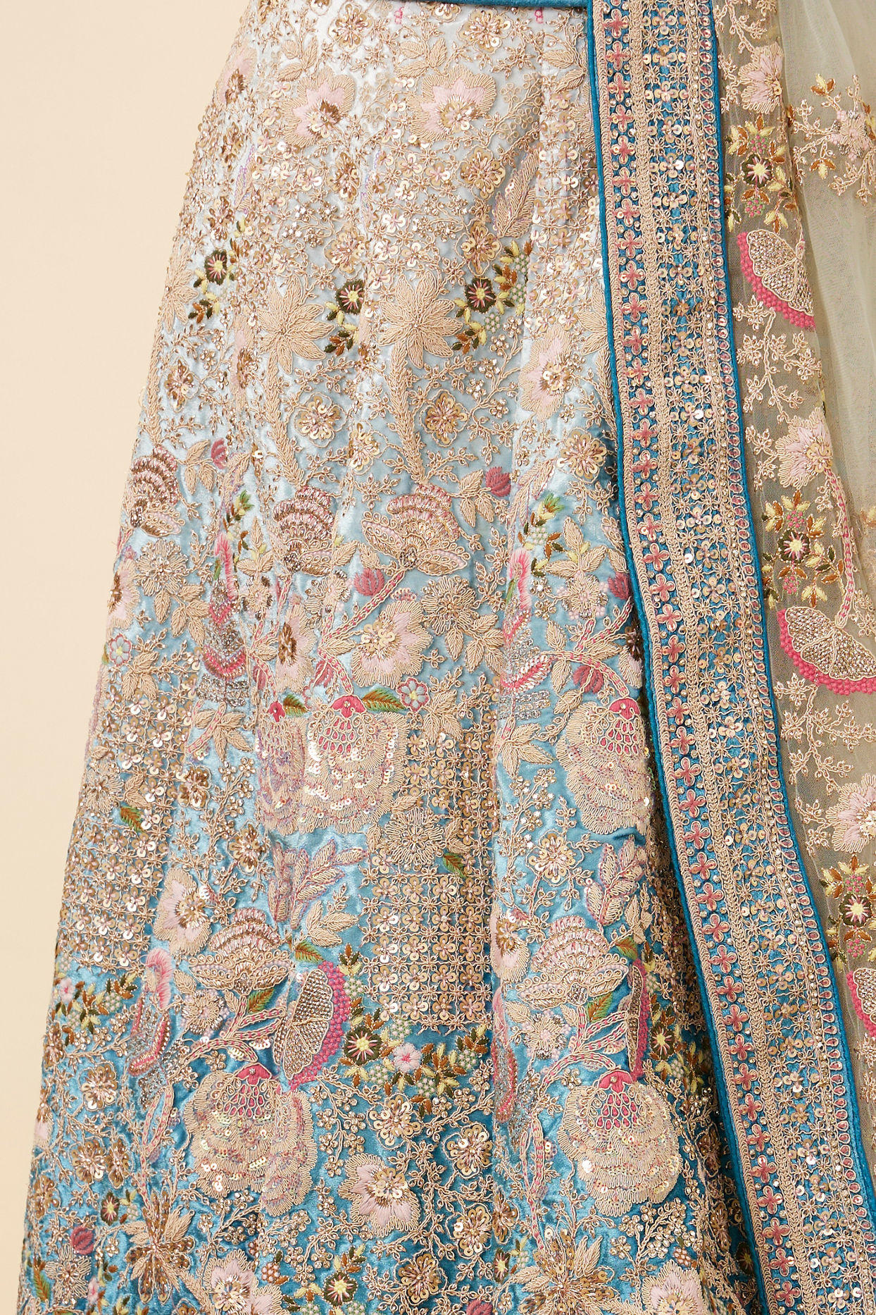 Mohey Women Light Blue Velvet Embroidered Bridal Lehenga