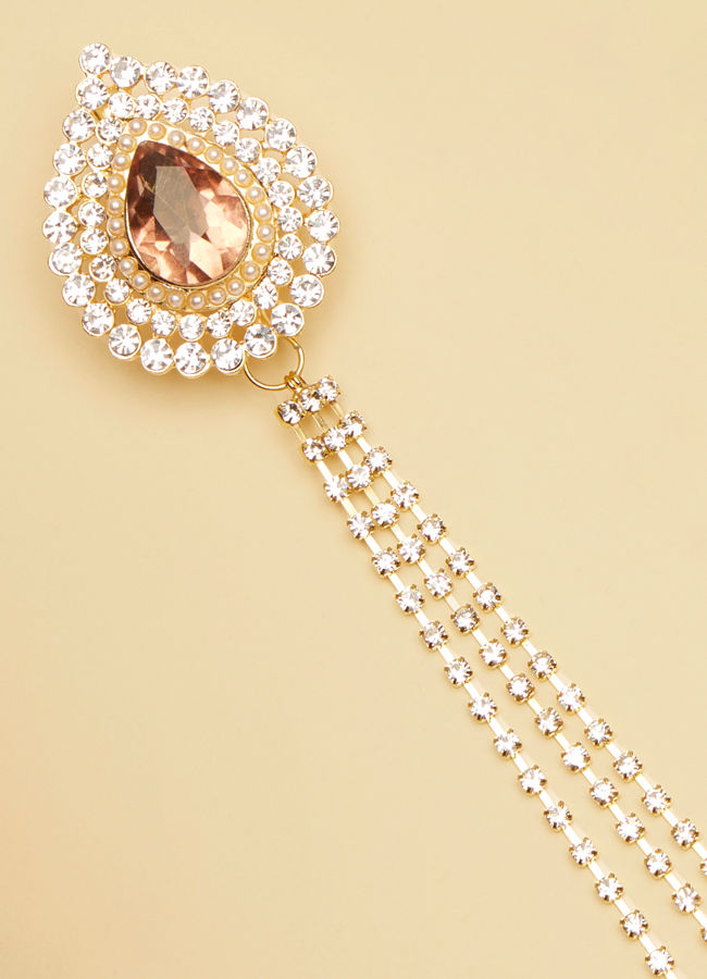 Coral Pink Stone and Diamante Studded Chain Brooch image number 1