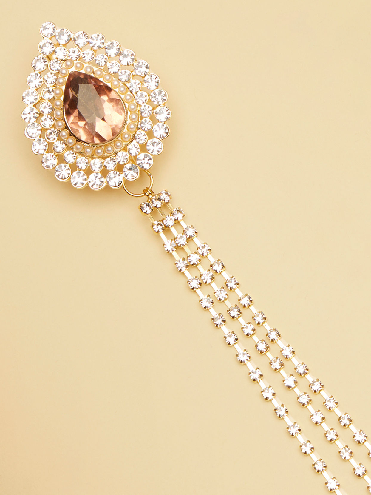 Coral Pink Stone and Diamante Studded Chain Brooch image number 1
