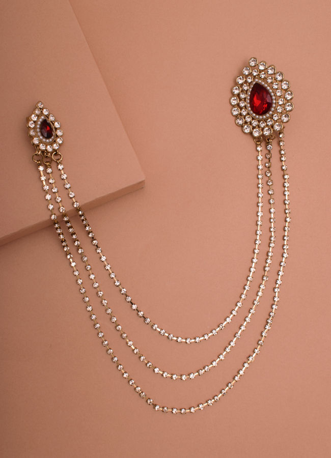Ruby Red Stone and Diamante Studded Chain Brooch image number 2