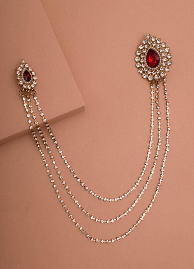 alt message - Manyavar Men Ruby Red Stone and Diamante Studded Chain Brooch image number 2