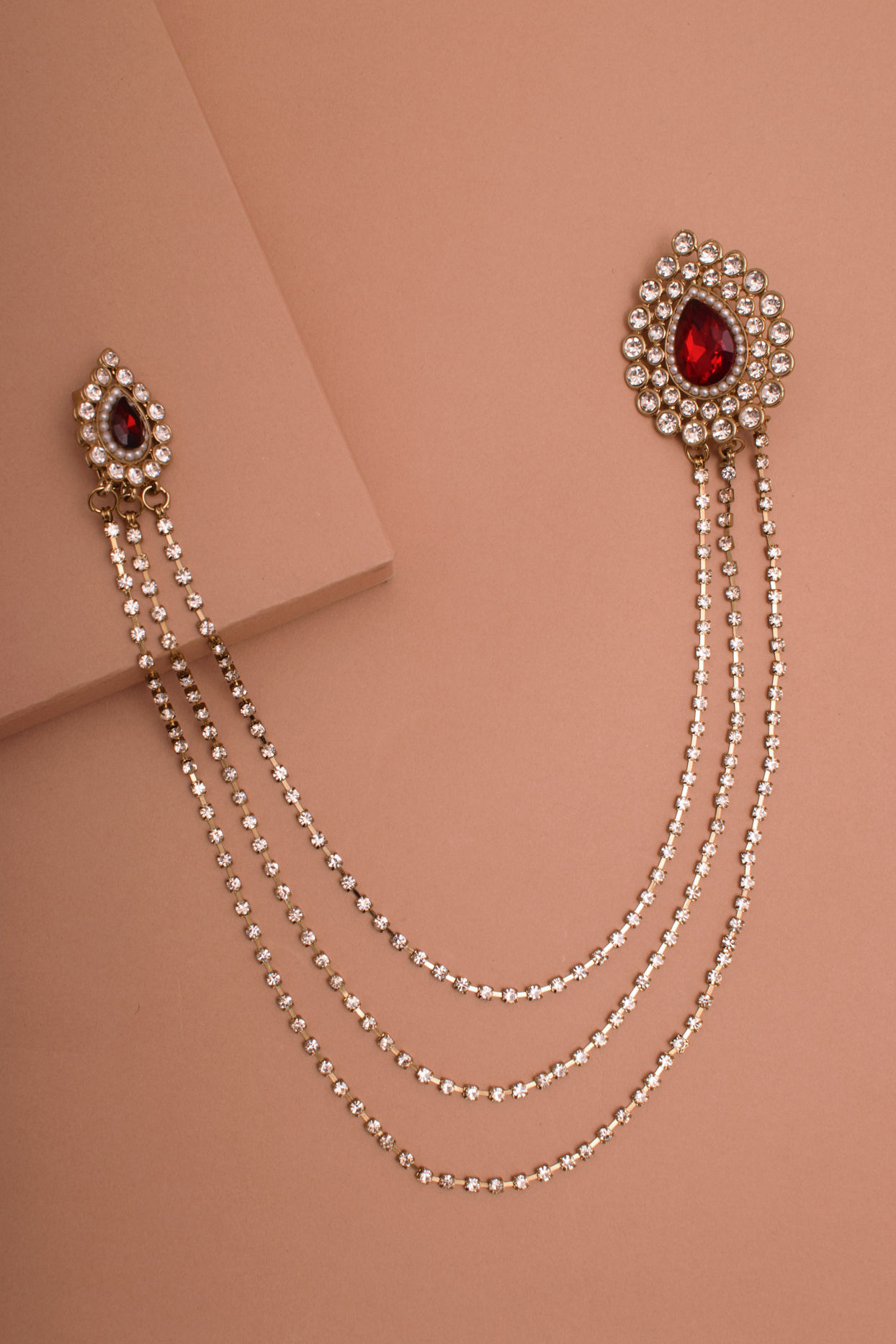 Ruby Red Stone and Diamante Studded Chain Brooch image number 2